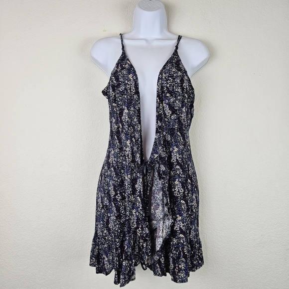 Free People Boho Floral Tie Front Tank Top Ruffle Hem Blue Size S - Picture 3 of 11